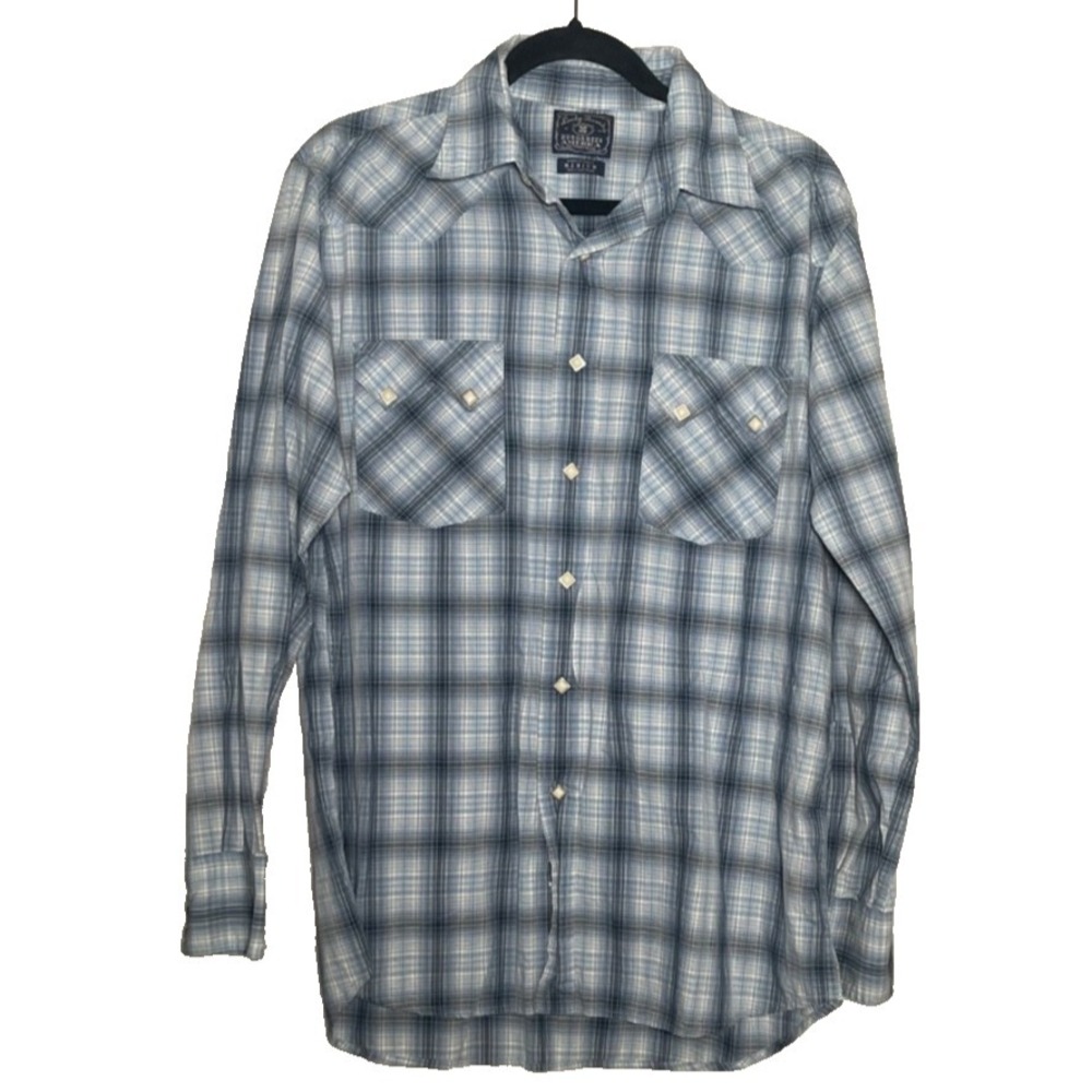 Lucky Brand Dungarees Shirt Mens Medium Blue Plaid Western Pearl Snap Cowboy